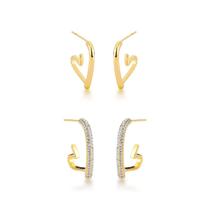 Dupla de Brincos Argolas Corações com Zircônias - Elegância Banhada em Ouro 18k
