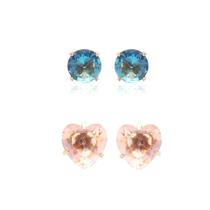Dupla de Brincos Cristal Topazio Azul e Cristal Quartzo Rosa - Banho Ouro