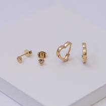 Dupla de Brincos Folheado a Ouro Argola Coração e Zircônia