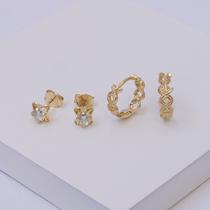 Dupla de Brincos Folheado a Ouro Argola e Flor com Zircônia