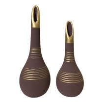 Dupla de garrafas vaso decorativos aladim em cerâmica fosca marrom e dourado