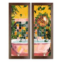 Dupla de Quadros Decorativos Banheiro Social Floral Vaso Lavabo Toalete Flores Tons 20x60cm