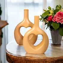 Dupla de Vaso Garrafa Coracao Alaranjado Decorativo Ceramica