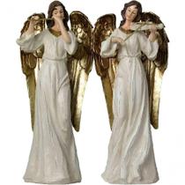 Dupla Músico Flautista Violinista Em Resina Natal 38cm