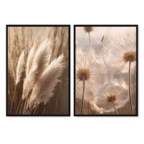 Dupla Quadros Decorativos 60x90 Para Sala Quarto Escritório Folhagem Sépia Premium Moldura