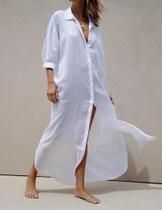 E0427-Vestido Branco Chemise Camisão Longa Saída Praia Plus Size Festa Réveillon E0427-Vestido Branco Chemise Camisão Longa Saída Praia Plus Size Festa Réveillon