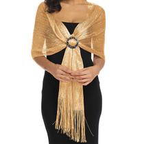 Echarpe Lenço Xale Brilhante Estampado Dourado Anel Preto