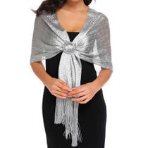 Echarpe Lenço Xale Brilhante Estampado Prata Anel Prateado Echarpe Lenço Xale Brilhante Estampado Prata Anel Prateado