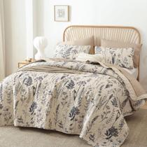 Edredão JANZAA Queen Size Bege com padrão floral botânico