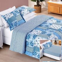 Edredom 2,40m x 2,20m + Jogo de Cama Bouti Estampado Queen 06 Peças 100% Poliéster - Azul Sereno Edredom 2,40m x 2,20m + Jogo de Cama Bouti Estampado Queen 06 Peças 100% Poliéster - Azul Sereno