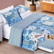 Edredom 2,60m X 2,40m + Jogo De Cama Bouti Estampado King 06 Peças 100% Poliéster - Azul Sereno