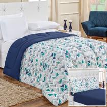 Edredom 2,60m x 2,40m + Jogo de Cama Malha Quality King 04 Peças 100% Algodão - Geométrico Azul