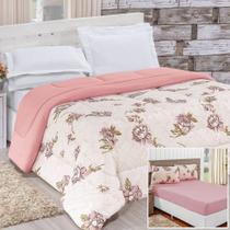 Edredom 2,60m x 2,40m + Jogo de Cama Malha Quality King 04 Peças 100% Algodão - Rosê