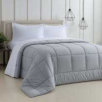 Edredom Cama Casal Queen Tecido 400 Fios Percal Dupla Face Branco e Cinza Luxo Premium