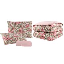 Edredom Casal 04 Pçs Dupla Face Malha 100% Algodão Estampado C/ Viés Est. Rose