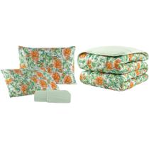 Edredom Casal 04 Pçs Dupla Face Malha 100% Algodão Estampado C/ Viés Est. Verde Bebe