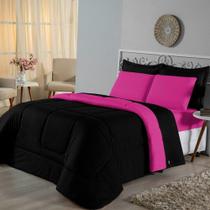Edredom Casal Dupla Face Malha 100% Algodão 1 Peça - Preto-pink Edredom Casal Dupla Face Malha 100% Algodão 1 Peça - Preto-pink