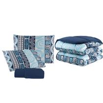 Edredom Casal King 04 Pçs Dupla Face Malha 100% Algodão Estampado C/ Viés Est. Marinho