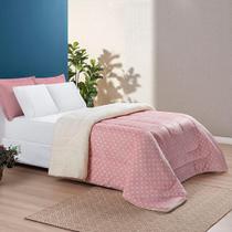 Edredom Coberdrom Romantico Poá Padrão Sherpa E Manta Flannel - Rosa