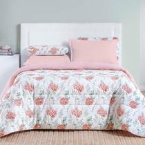 Edredom Cobertor Casa Scarpa Maris Queen Percalle 200 Fios Estampado Floral Hortênsia Salmão