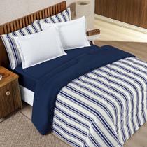 Edredom Cobertor Daily King Malha Listrado Dupla Face Fio Penteado - Azul Marinho
