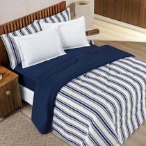 Edredom Cobertor Daily King Malha Listrado Dupla Face Fio Penteado - Azul Marinho