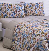 Edredom com Jogo de Lençol Queen 4 peças Malha Penteada 100% Algodão - Borboletas