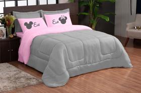 edredom estampado casal queen 05 peças rosa cinza ele/ela