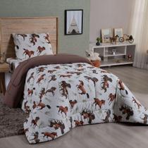 Edredom Fantasy Solteiro 01 Peça Infantil Tecido Malha 100% Algodão Macio Dupla Face - Cavalo Marrom