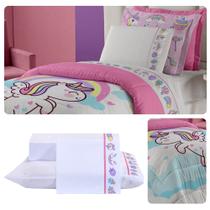 Edredom Infantil Solteiro Dupla Face Percal Peletizado 300 Fios 03 Peças Unicórnio