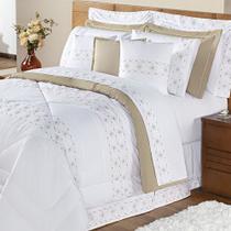 Edredom + Jogo de Cama 200 Fios Damasco Queen 15 Peças 100% Poliéster - Branco/Bege