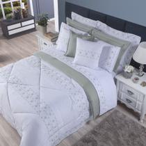 Edredom + Jogo de Cama 200 Fios Damasco Queen 15 Peças 100% Poliéster - Branco/Cinza