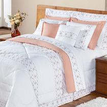 Edredom + Jogo de Cama 200 Fios Damasco Queen 15 Peças 100% Poliéster - Branco/Salmao