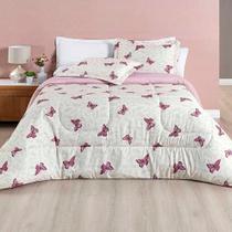 Edredom Júlia Casal Queen 03 Peças Tecido Dupla Face Microfibra 200 Fios Floral Borboleta 100% Poliéster