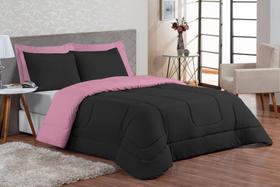 Edredom King Dupla Face + Jogo De Lençol Preto E Rosa Kit Com 6 Peças