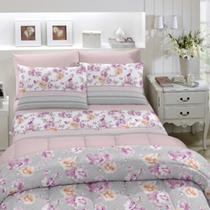 Edredom KING Lara Santista 100% Algodão Rosa Floral com Cinza