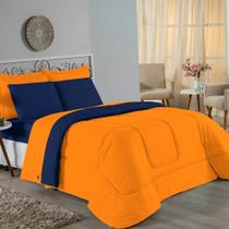 Edredom King Nobre 1 Peça Dupla Face 2,50m x 2,90m Malha 100% Algodão - Laranja / Azul-Marinho