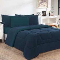Edredom Malha 100% Algodão Gran Moratta 1 Peça Casal - Azul Marinho/Azul Petróleo