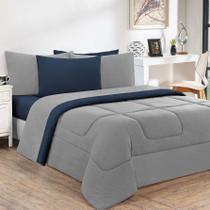 Edredom Malha 100% Algodão Gran Moratta 1 Peça Casal - Cinza/Azul Marinho