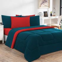 Edredom Malha 100% Algodão Gran Moratta 1 Peça King - Azul Petróleo/Vermelho