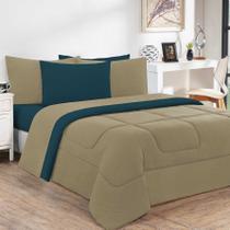 Edredom Malha 100% Algodão Gran Moratta 1 Peça Queen - Avelã/Azul Petróleo