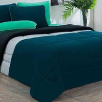 Edredom Malha 100% Algodão Urbano 1 Peça Solteiro - Azul Petroleo-mescla-preto