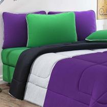 Edredom Malha 100% Algodão Urbano 1 Peça Solteiro - Roxo-mescla-preto
