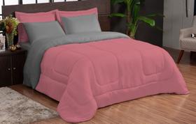 Edredom microfibra d.face casal queen 06 peças rose cinza