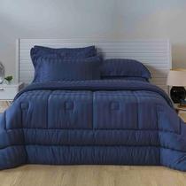 Edredom Queen 260 Fios Andreza Stripe 03 Pçs Toque Seda Navy