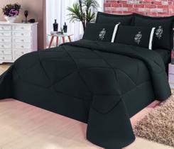 Edredom Queen Conforto Bordado C/ Jogo De Lençol - Kit 6 Peças Preto