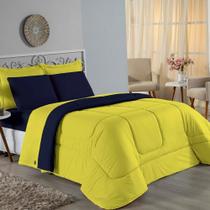Edredom Queen Nobre 1 Peça Dupla Face 2,20m x 2,40m Malha 100% Algodão - Amarelo / Azul-Marinho