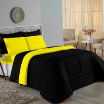 Edredom Queen Nobre 1 Peça Dupla Face 2,40m x 2,60m Malha 100% Algodão - Preto / Amarelo