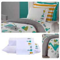 Edredom Solteiro Infantil Estampado Peletizado 300 Fios 03 Peças Dino
