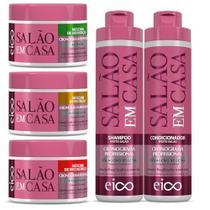 Eico Kit Salão Em Casa Cronograma Shampoo 800ml e Condicionador 750ml + 3 Máscaras Tratamento 270g Eico Kit Salão Em Casa Cronograma Shampoo 800ml e Condicionador 750ml + 3 Máscaras Tratamento 270g
